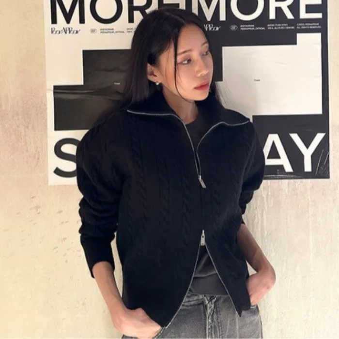 Retro Knitted Loose Long Sleeve Sweater Coat Women's Spring Autumn Winter Fashion Korean Style Zipper Cardigan Regular Thickness