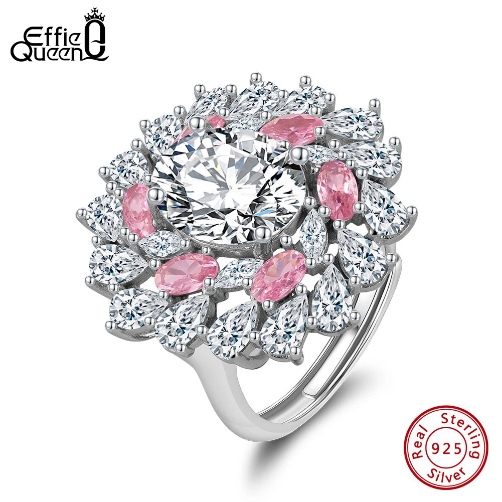 Effie Queen 925 Sterling Silver Open Rings 8A Premium Sparkling Cubic Zirconia With 5A Water Drop CZ Flower Design Present LZR24