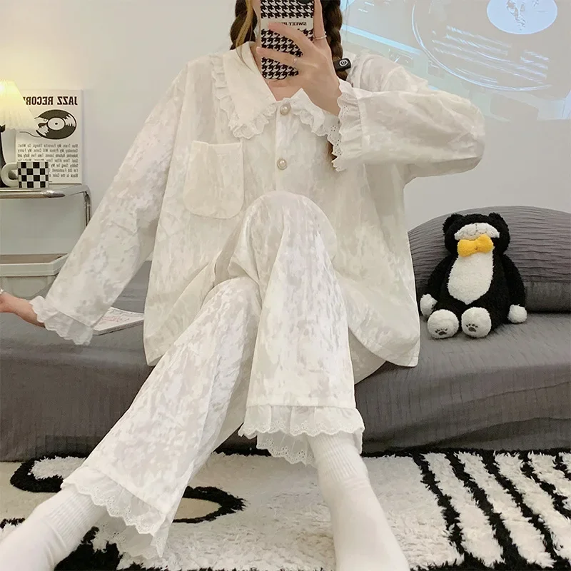 Women Sleepwear Trouser Suit Velour Loungewear Sweet White Lace Velvet Pajamas Set Autumn Winter Pyjama Loose Homewear Lingerie