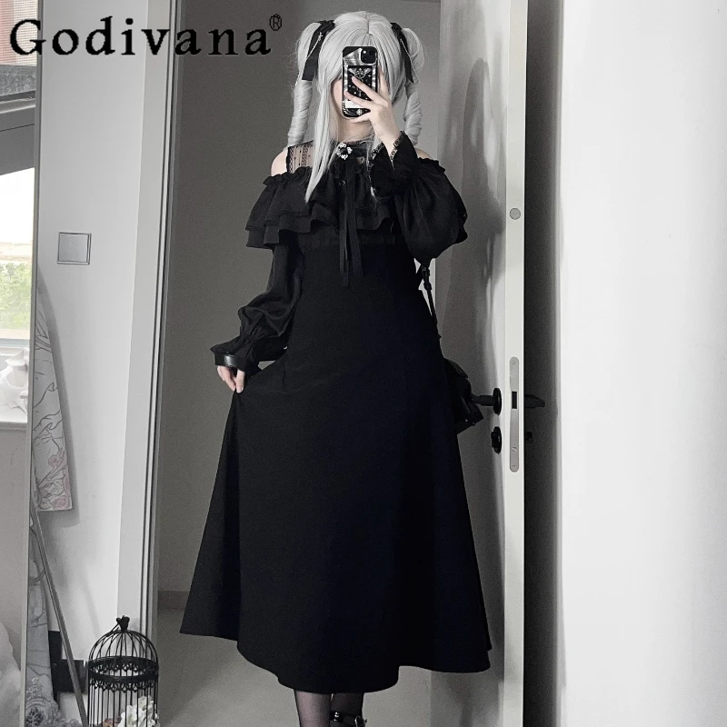 

Original Mine Mass-Produced Black Long Dress Autumn Women's Sweet Bow Lace Off-Shoulder Lolita Dress Subculture Gothic Dress