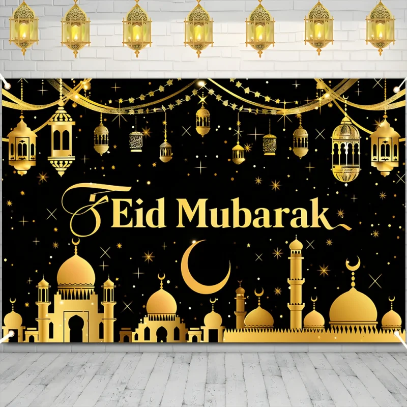 VIKAMA Luxury Mosque Silhouette Banner Black Gold Eid Mubarak Backdrop Suitable For Muslim Indoor Gathering Decor Cloth