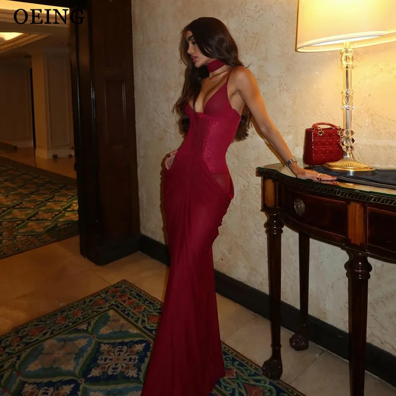 

OEING Sexy Mermaid Prom Dresses Lace Illusion Pleats Sleeveless Spaghetti Strap Party Dresses robes de soirée Customized