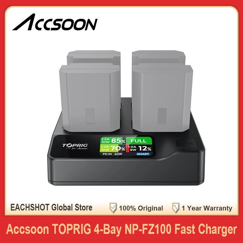 Accsoon TOPRIG 4-Bay NP-FZ100 شاحن سريع PD60W شحن سريع مع شاشة LCD لكاميرا Sony A7III A7IV FX30 ZV-E1 ZV-E10