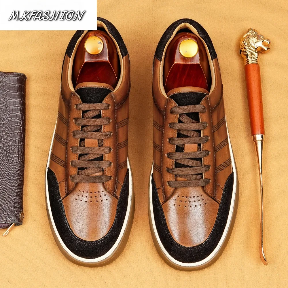 Men's Casual Business Shoes Round Toe Genuine Leather Lace Up Flats Walking Driving Shoes Footwear