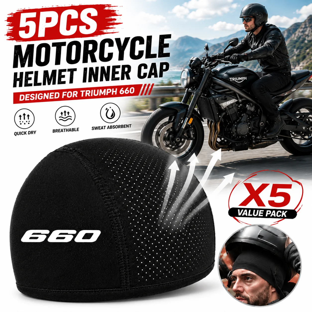 

5pcs Motorcycle Helmet Inner Cap Hat Quick Dry Breathable Hat Racing Cap Thin For Triumph Trident 660 Sport Tiger 660 Trident660