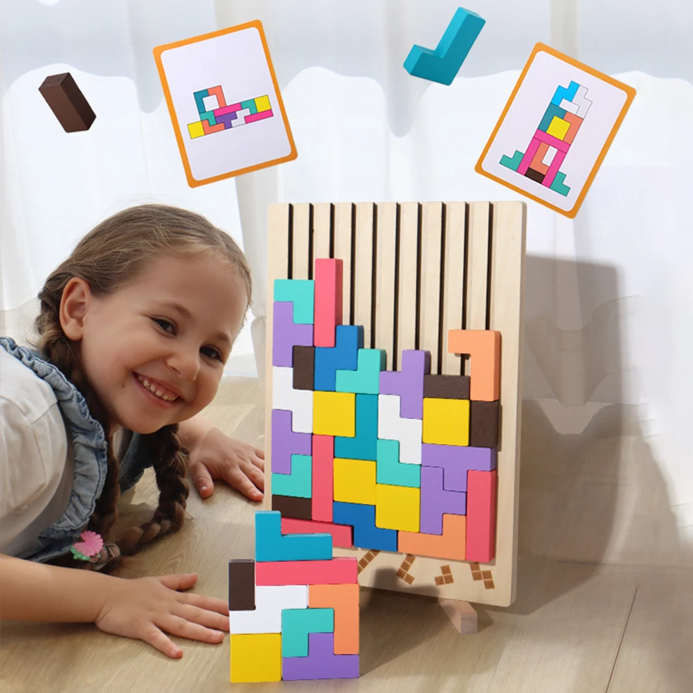 Wood Russian Blocks Puzzle Brain Teasers Intelligence Colorful 3D STEM Montessori Russian Building Block for Boys and Girls