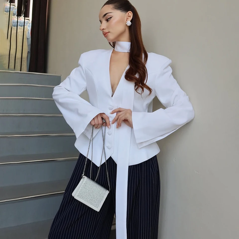 Abrigo de un solo botón Tuularose para mujer, con cuello en V y bufanda, blazer de manga larga con ajuste en la cintura, chaqueta informal ajustada para el día a día.