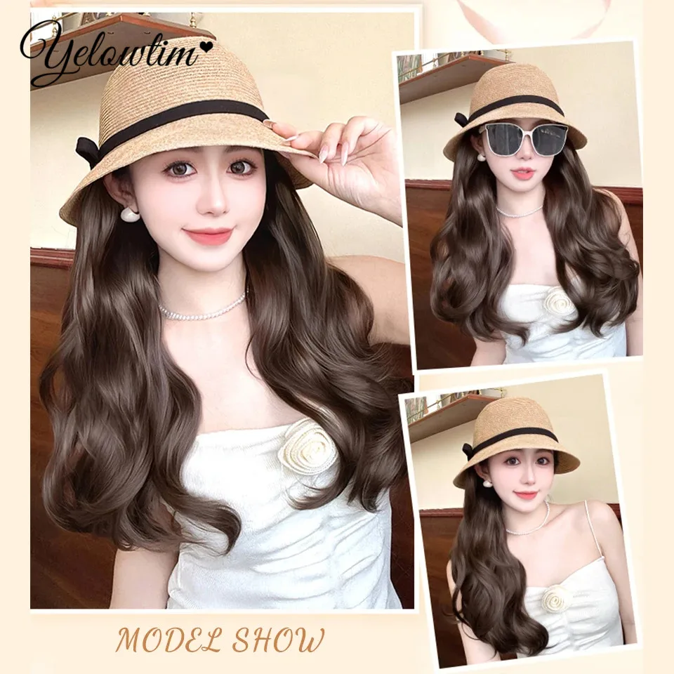 YELOWTIM Long Synthetic Fluffy Natural Wave Wavy Curly Hair Wigs with Cap Fisherman's Hat Naturally Connect Adjustable Hat Wig