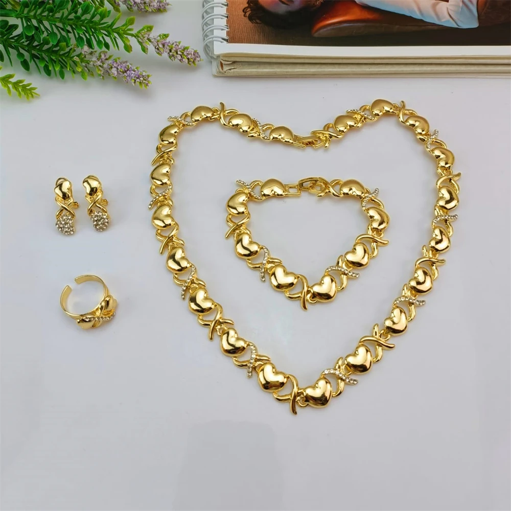 EMMA Women XOXO Jewelry Set Gold Plated Heart Necklace Bride Rhinestone Wedding Necklace Earrings Bracelet Ring Set Gift