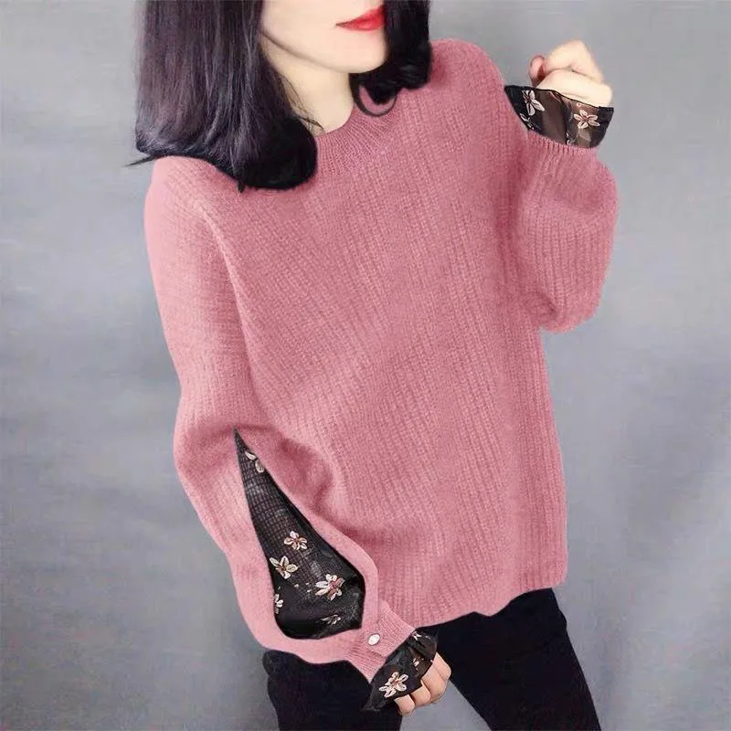 New Autumn/winter Fashion Korean Version Patchwork Contrasting Round Neck Sweater Loose and Versatile Western-style Knitted Top