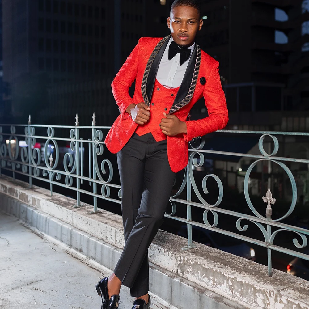 Red Men's Suits 2 Pieces Shawl Lapel Single Breasted  Wedding Suit Jacquard Evening Prom Blazer Graduation Jacket Customized