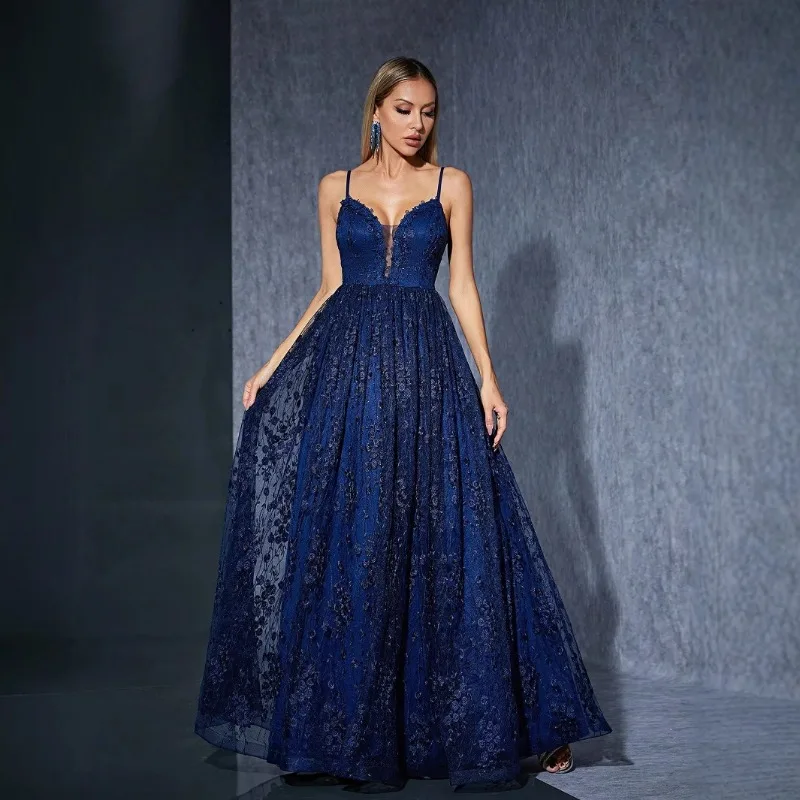 

2025 Women's New Suspender Mesh Embroidered V-neck Sexy Backless Evening Gown Fashionable Temperament Banquet President's Dress