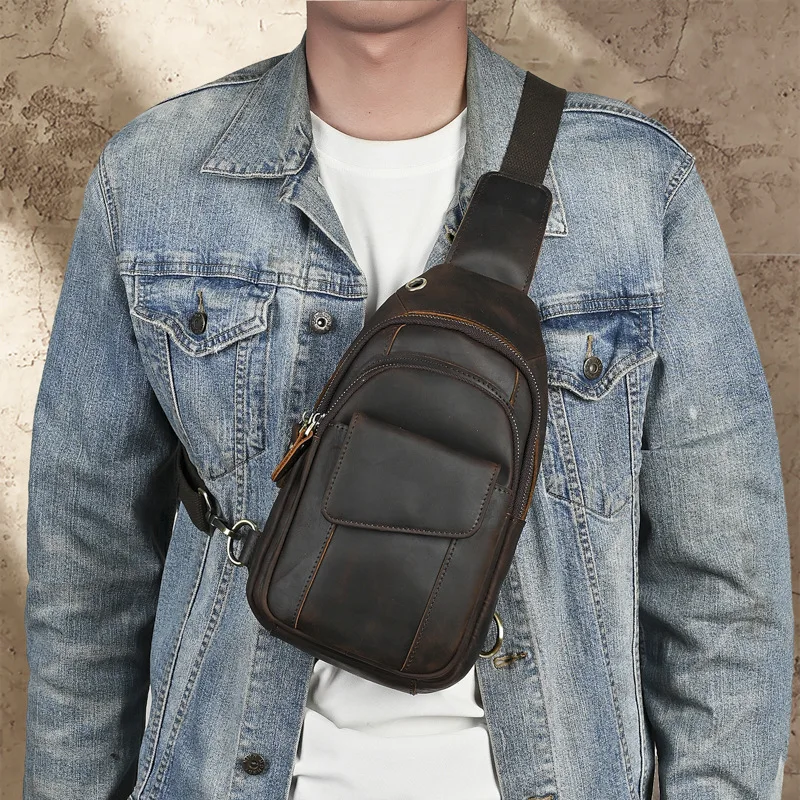 Dark Brown Genuine Leather Single Shoulder Chest Bag Men Daily Use Multiple Zippers Buckle Design Vintage Pouch Phone Purse