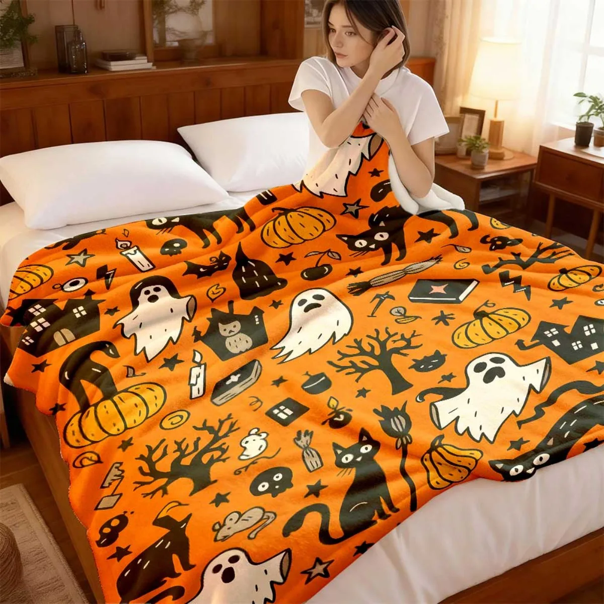 Halloween Fluffy Flannel Blanket with Ghost Pumpkin Haunted House Print, Washable Universal Throw for Men Women, Birthday Gift