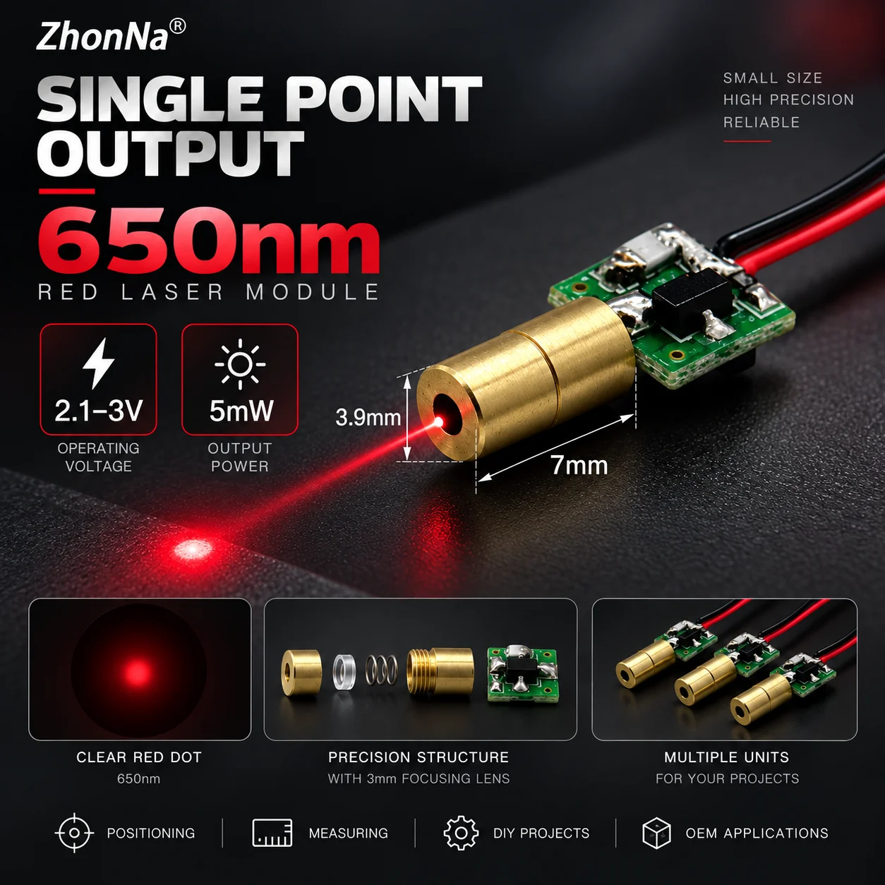 ZhonNa 650nm Red Laser Module 2.1-3V Single Dot Positioning Head with PCB for Tire Wheel Alignment Portable Lighting Accessories