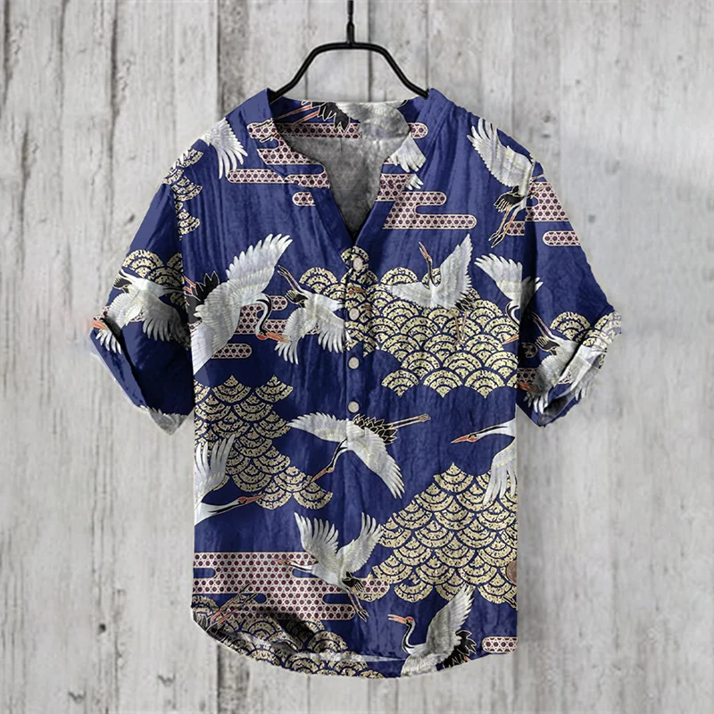 Linen Comfortable and Soft Men\'s Short sleeved Shirt Hawaiian Fashion Spliced Printed Standing Neck Button Shirt Summer Style