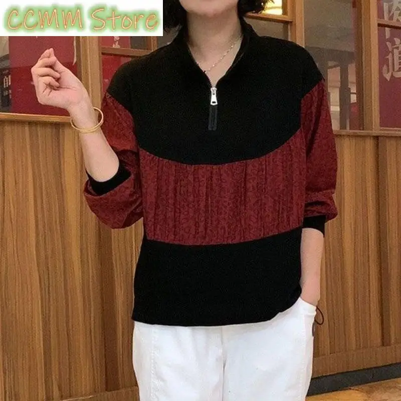 

Spring Autumn Stand Collar Zipper Shirt Leopard Patchwork Female Clothing Casual Long Sleeve Commute Korean Loose Blouse