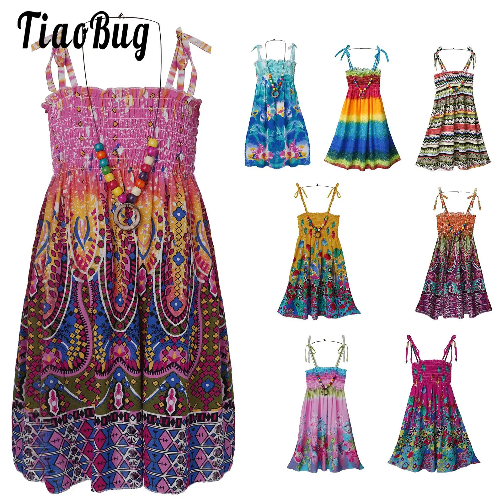 

Children Girls Casual Dress Summer Beach Print Flower with Necklace Bohemian Style Holiday Sleeveless Dresses Suspender for Girl