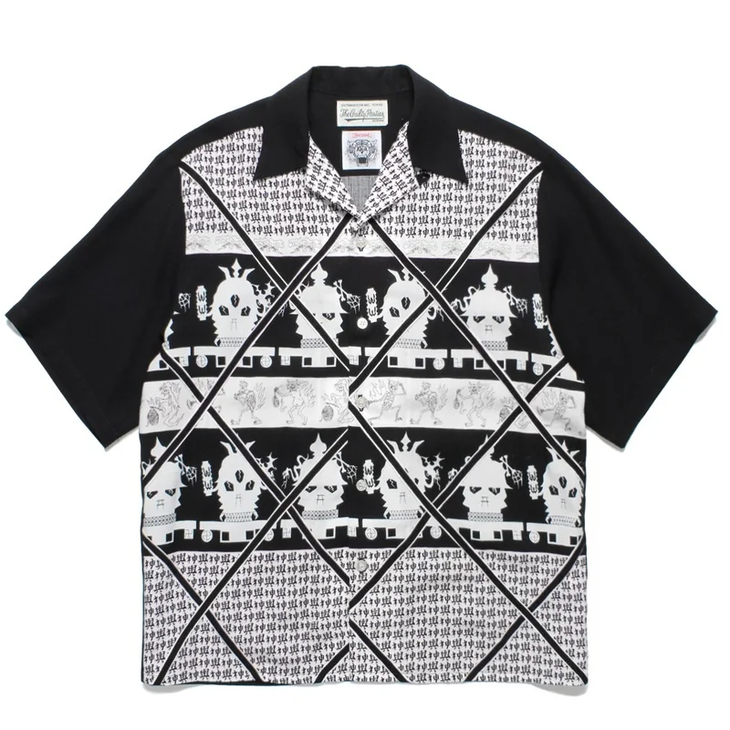 High quality WACKO MARIA Color blocking Fashion Printing Heaven Tokyo Hawaii Short Sleeve Shirt Men's and Women's Casual Tops