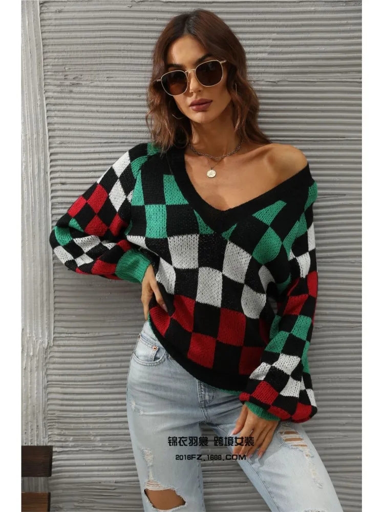 

Autumn Winter Women's Top V-neck Plaid Fashion Lattice Print Large Size Knitwear Women's Pullover Sweater 2023 New Arrival