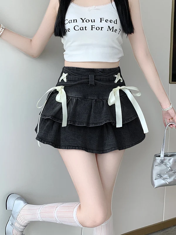 Millennial Sexy Girl Denim Puffy Skirt Women's Summer New Sexy Ballet Style  Knot Cake Skirt Half Skirt Trendy
