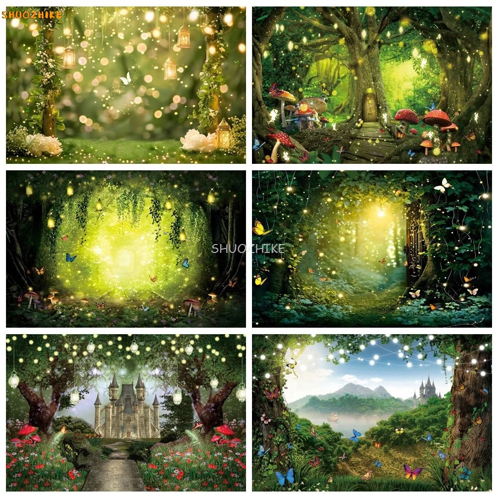 

Glitter Dreamy Forest Backdrop Magic Wonderland Green Trees Butterfly Girls Birthday Party Wedding Photography Background Decor