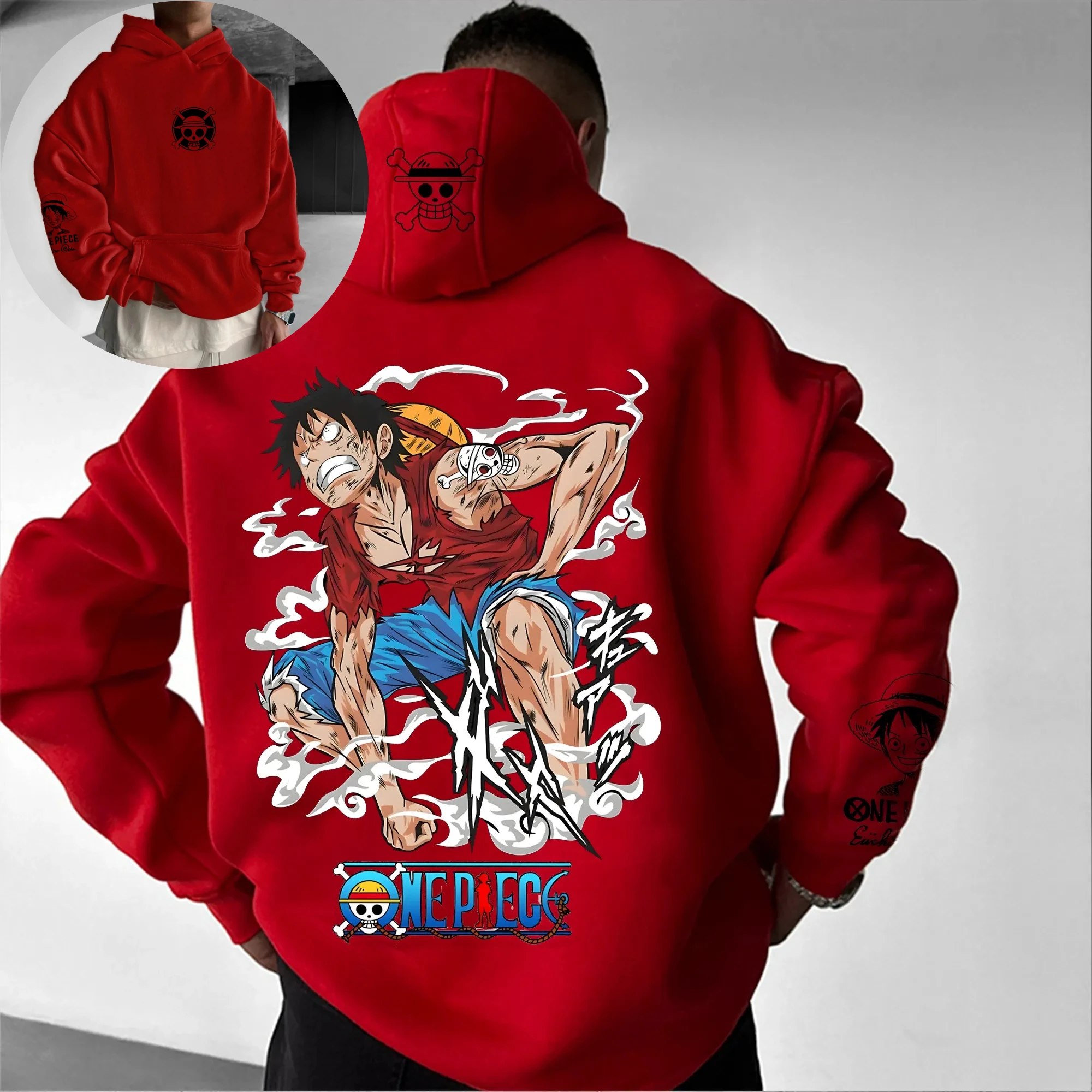 

One Piece Luffy Gear 5, Nika, красная толстовка с принтом на спине, мужская хлопковая повседневная толстовка с длинным рукавом, осенне-зимняя уличная одежда, модная аниме-косплей