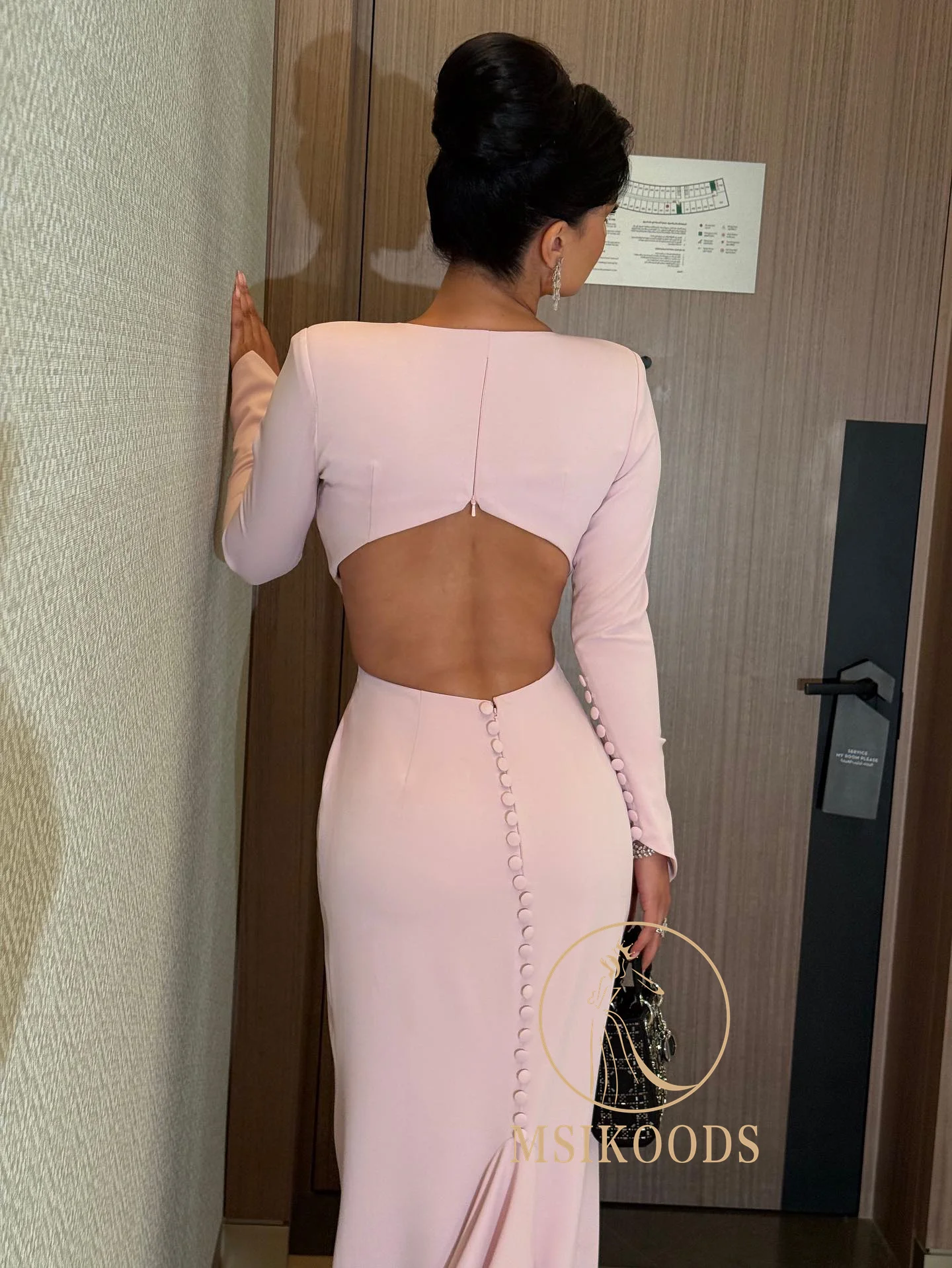 Msikoods rose à manches longues robes de bal 2025 Sexy dos nu col en V boutons robe de soirée élégante sirène robes de soirée personnalisées