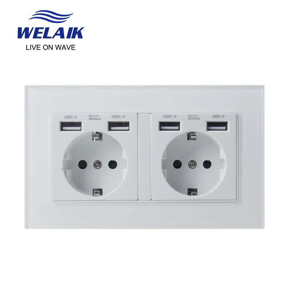 WELAIK Tempering-Glass-Panel EU Wall-Power Socket-and 2USB Power-Socket  UK-Standard B18E2USW