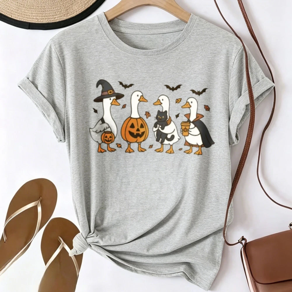 Halloween Cute Ducks Witch Pumpkin Vampire Black Cat Bat Maple Leaf Graphic T-shirt Women Funny Cartoon Duck Short Sleeve Tees