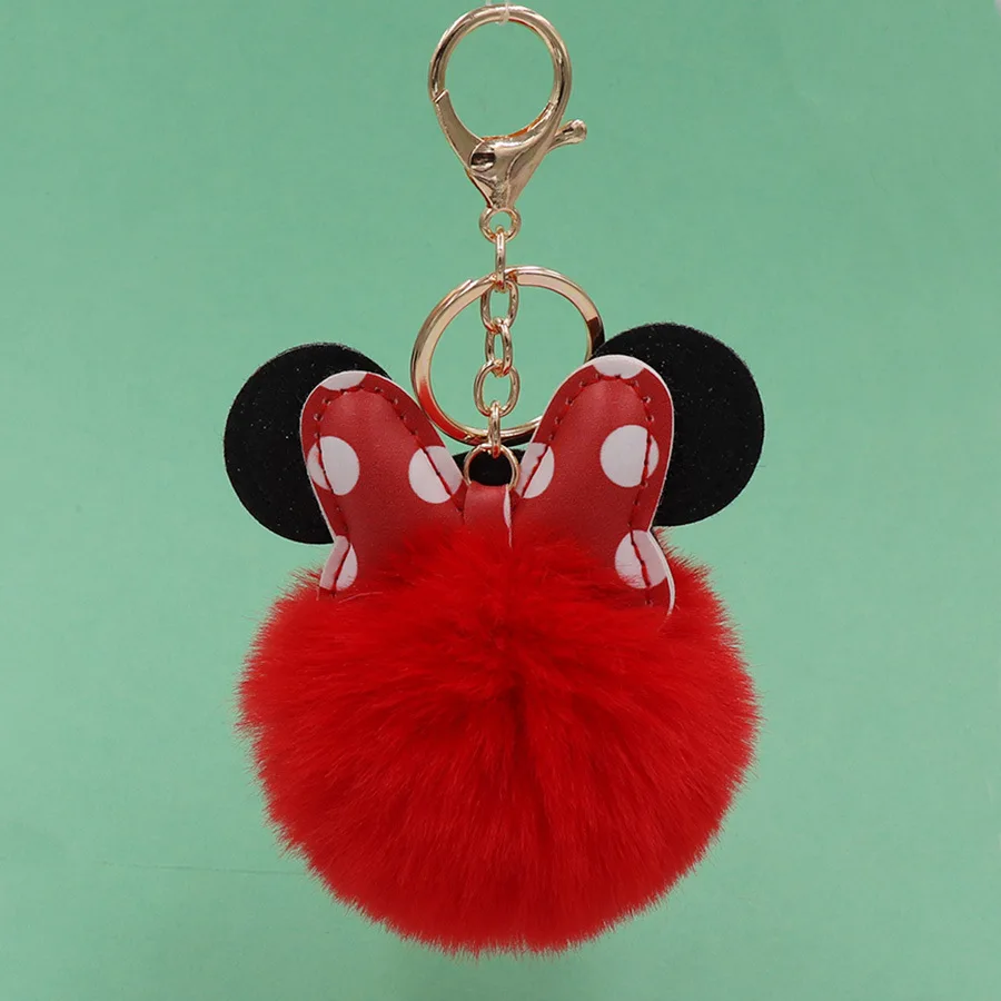 Disney Minnie Mickey Mouse Plush Keychains Cartoon Polka Dot Bow Pom-Pom Key Ring Pendant Car Bag Ornament Girl Child Gift Toy