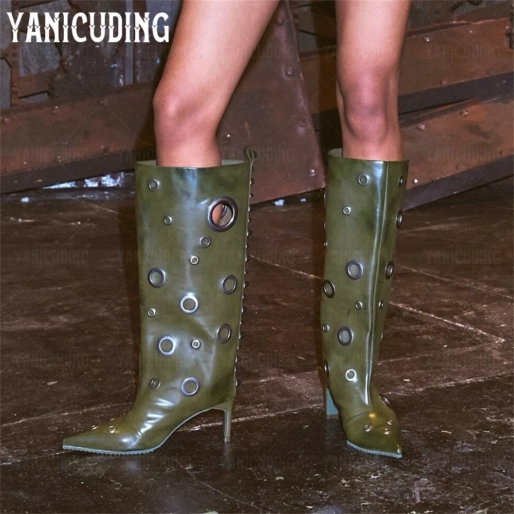 Irregularly Metallic Perforated Knee High Boots Punk Style Metal Studded Novelty Strange Heel Boots Slip-On Pointed Women Boots