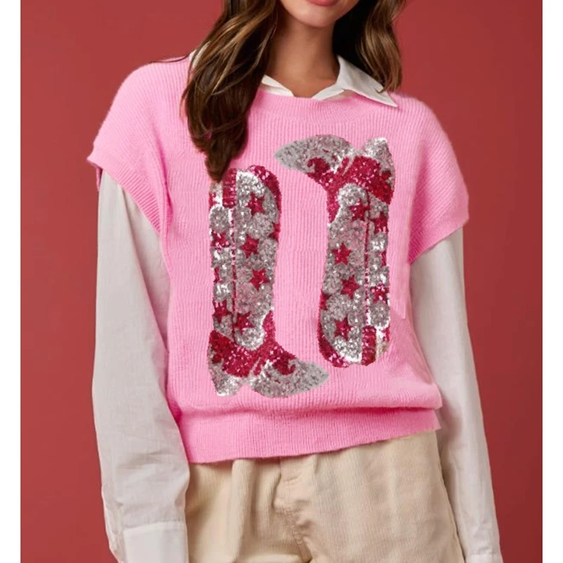 

Женский рождественский свитер Y2K с блестками и блестками, свитер с вышивкой и рисунком солдат, жилет с круглым вырезом и короткими рукавами «летучая мышь», трикотаж, пуловер, топы