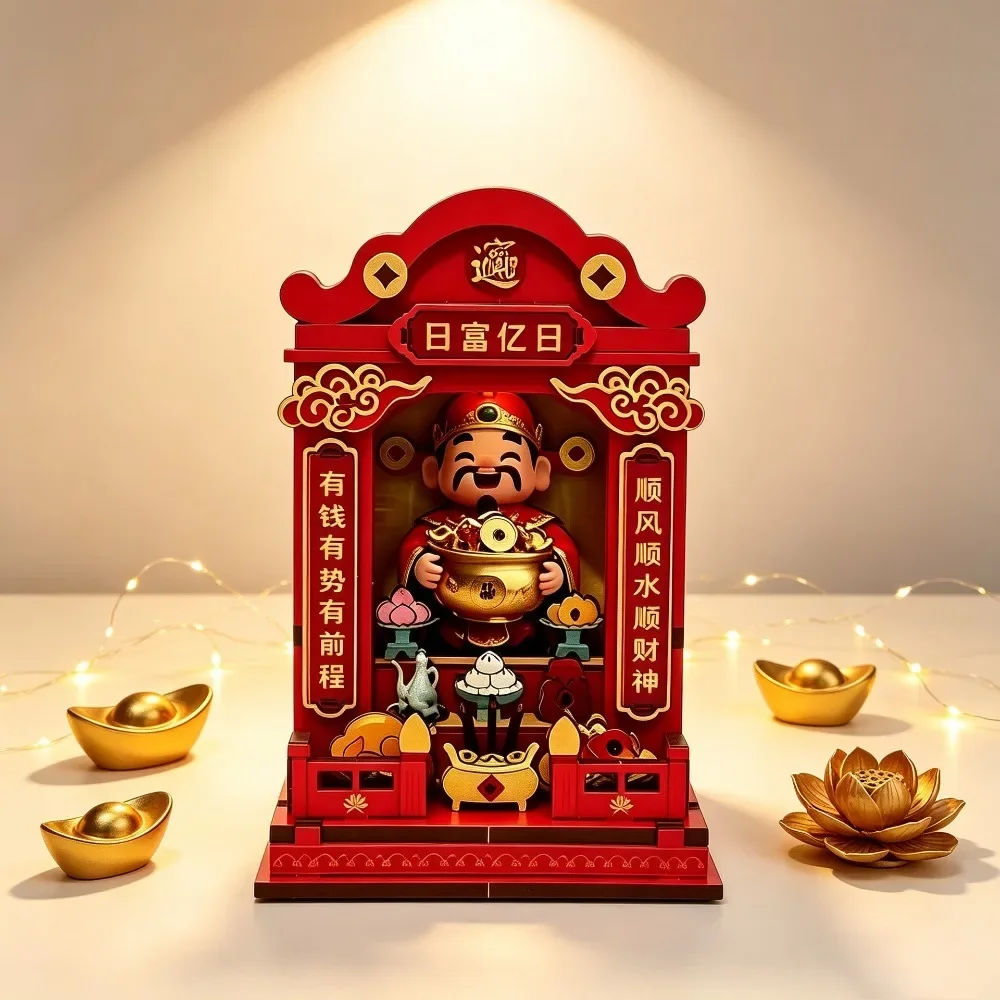 Wooden Assembled God of Wealth Refrigerator Sticker 3D Stereo Jigsaw Puzzle Miniature Scene Magnetic House Scene Model Ornament