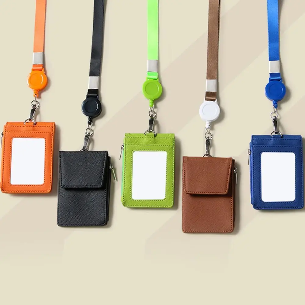 Multifunctional PU Leather Card Cover Case Staff Work Card Holder With Lanyard Name Tag Zipper Card Bag Carabiner Style Scalable