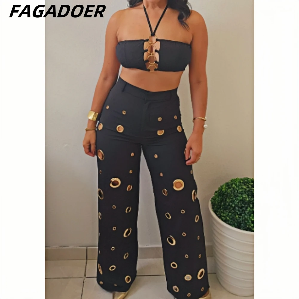 FAGADOER Sexy Solide Loch Breite Bein Hosen Streetwear Frauen Halfter Ärmellose Backless Crop Top Und Hosen Zwei Stück Sets Outfits