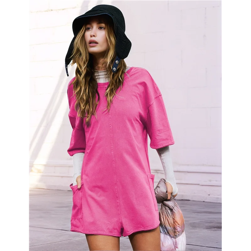 ASDS-ชุดเดรสลำลองสำหรับฤดูร้อนของผู้หญิง เดรสแขนสั้นทรงหลวมแบบยืดหยุ่นพร้อมกระเป๋าสำหรับผู้หญิง