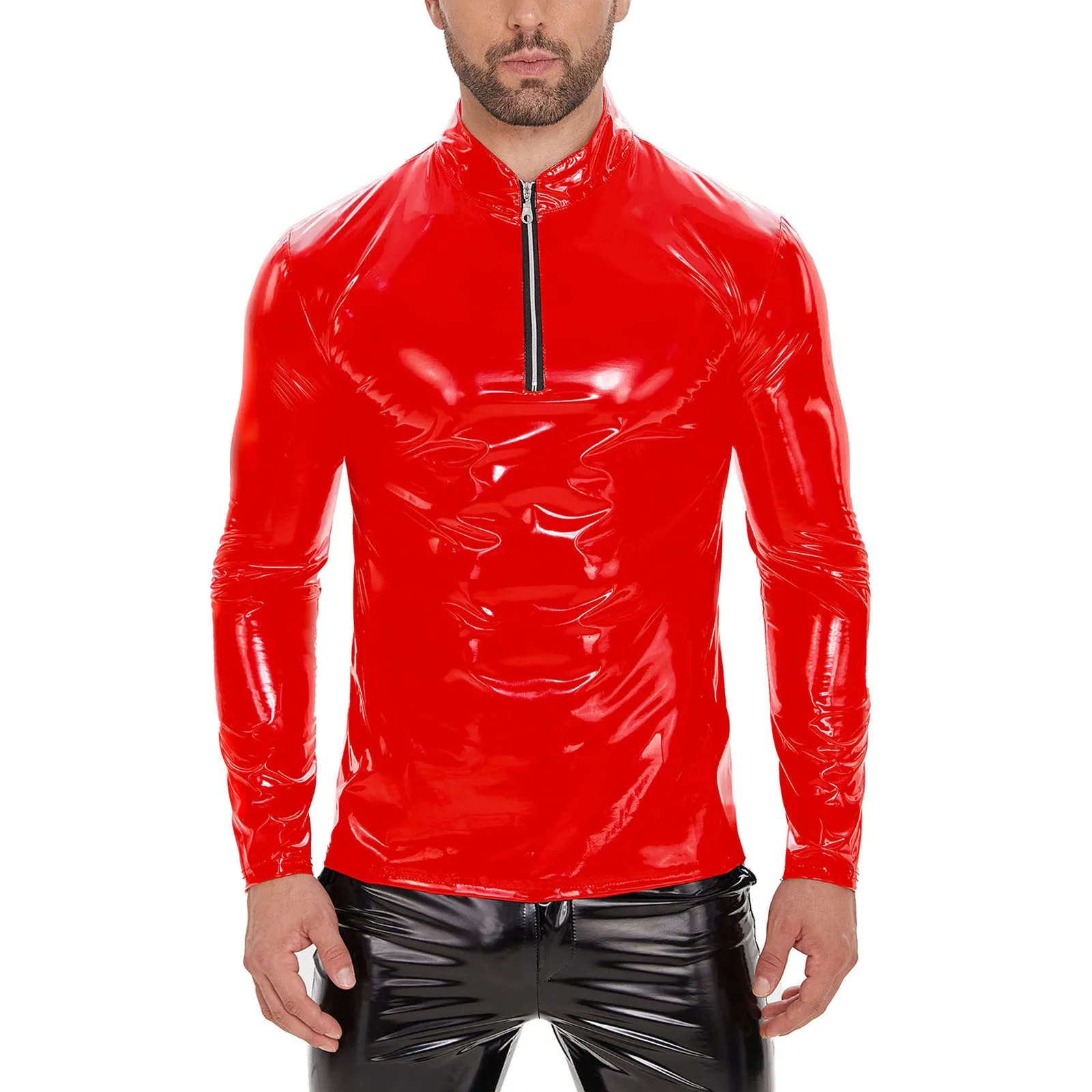 Plus Size Mens Shiny Leather Shirt Long Sleeve Glossy PVC Leather Tops Male Wetlook Latex Shaping Casual Coat Sexi