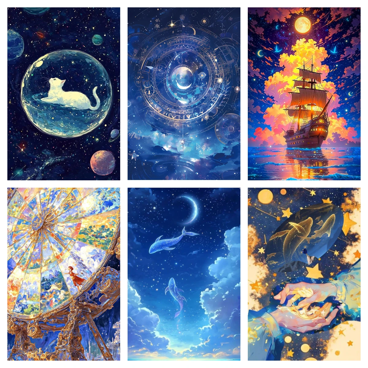 DIY Starry Sky Cat Whale Ship Cosmic Fantasy Diamond Painting Mosaic Handmade Art Exquisite Home Decoration