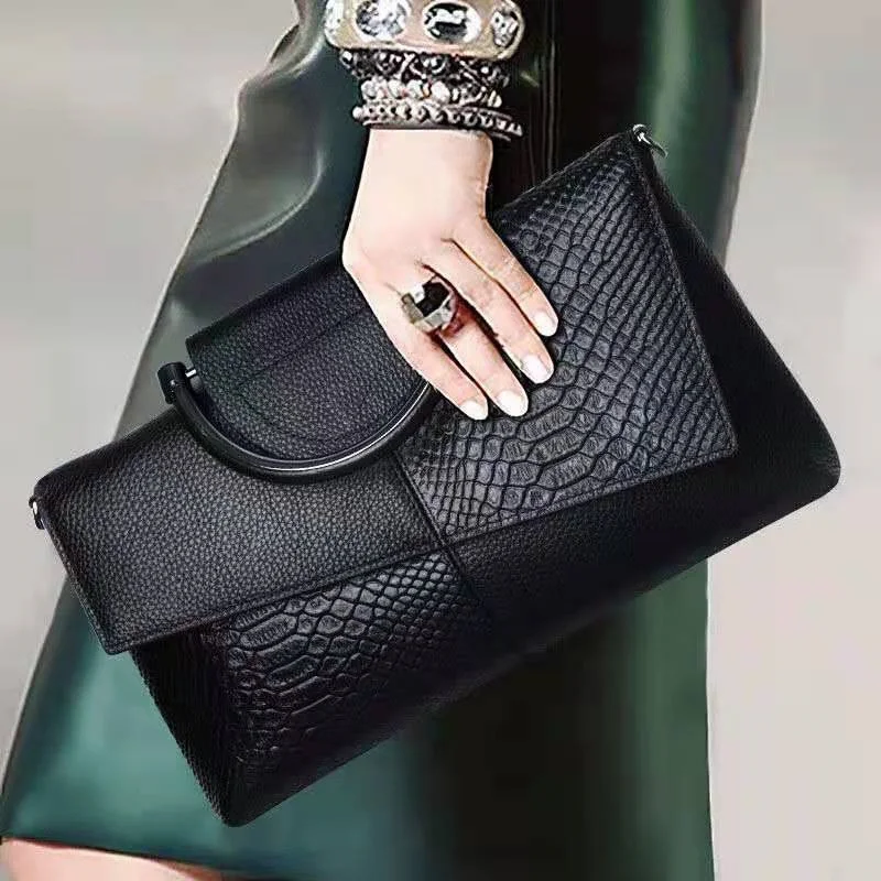 Alligator Pattern Women Genuine Leather Clutch Bag Black Crocodile Ladies Tote Handbag Luxury Cowhide Shoulder or Crossbody Bags