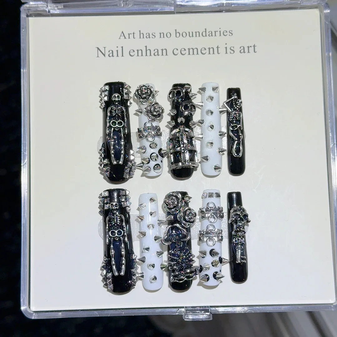 10 stks Handgemaakte Lange Doodskist Druk op Nagels Halloween Cyberpunk Donkere Klinknagel Ontwerp Kunstnagels Europese Heavy Metal Fake Nail Tips