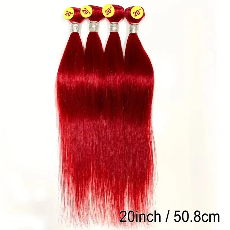 Mechones rectos rojos con cierre 4*4 con pelo de bebé tejido de cabello humano brasileño de encaje transparente 4 mechones con cierre de encaje