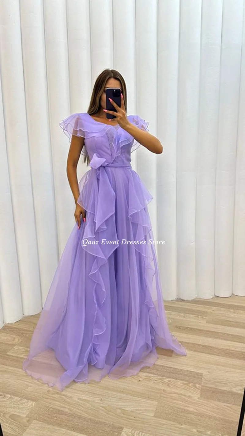 Qanz A-line Lavender Evening Dresses Tiered Tulle With Belt Long Vestidos De Noche Party Dresses Gala Robes De Soirée Customized