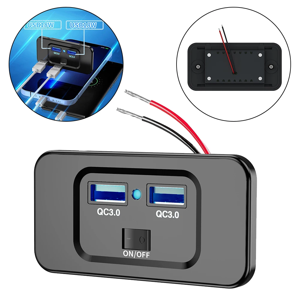 12V-24V QC 3.0 Dual USB Car Fast Charger Socket Power ON/OFF Outlet Panel Adapter For Truck Camper Caravan Accessories
