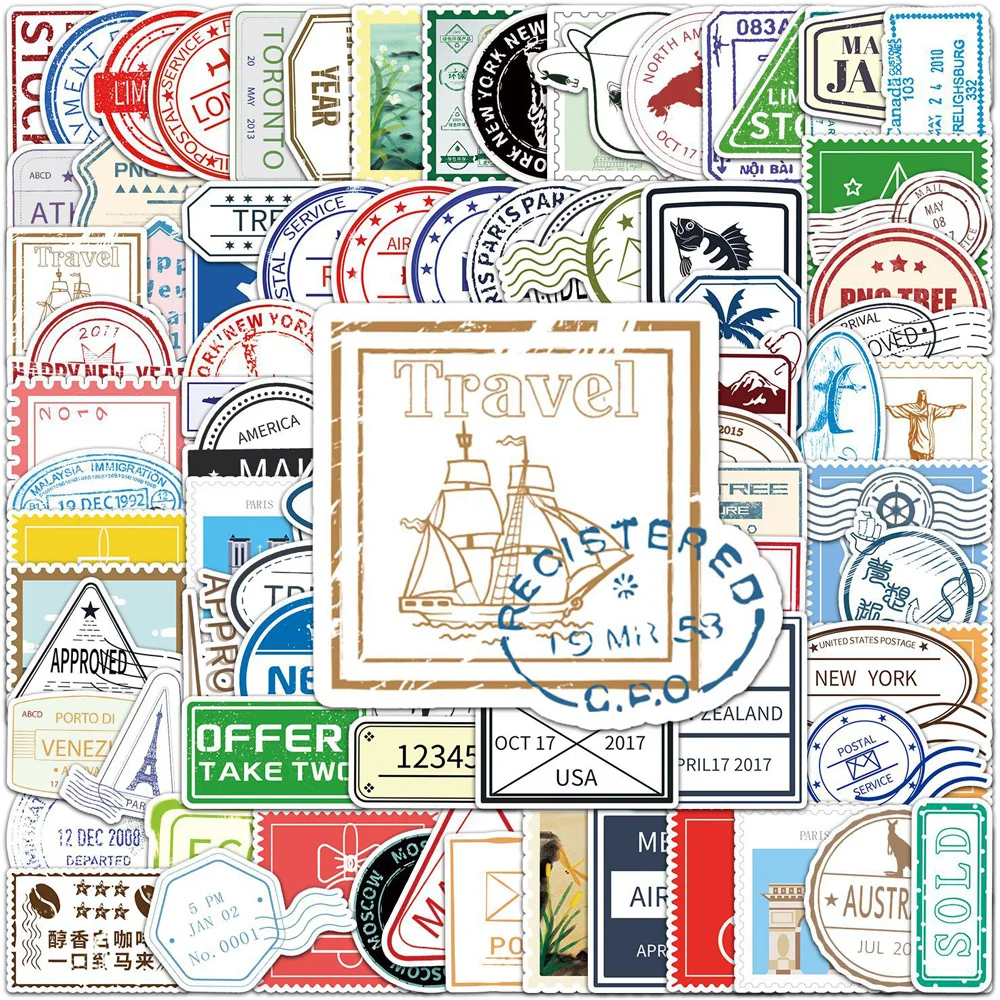 

10/30/50pcs Vintage World Landmark Postmark Stickers Cartoon Retro Stamp Decals DIY Suitcase Motorcycle Helmet Graffiti Sticker