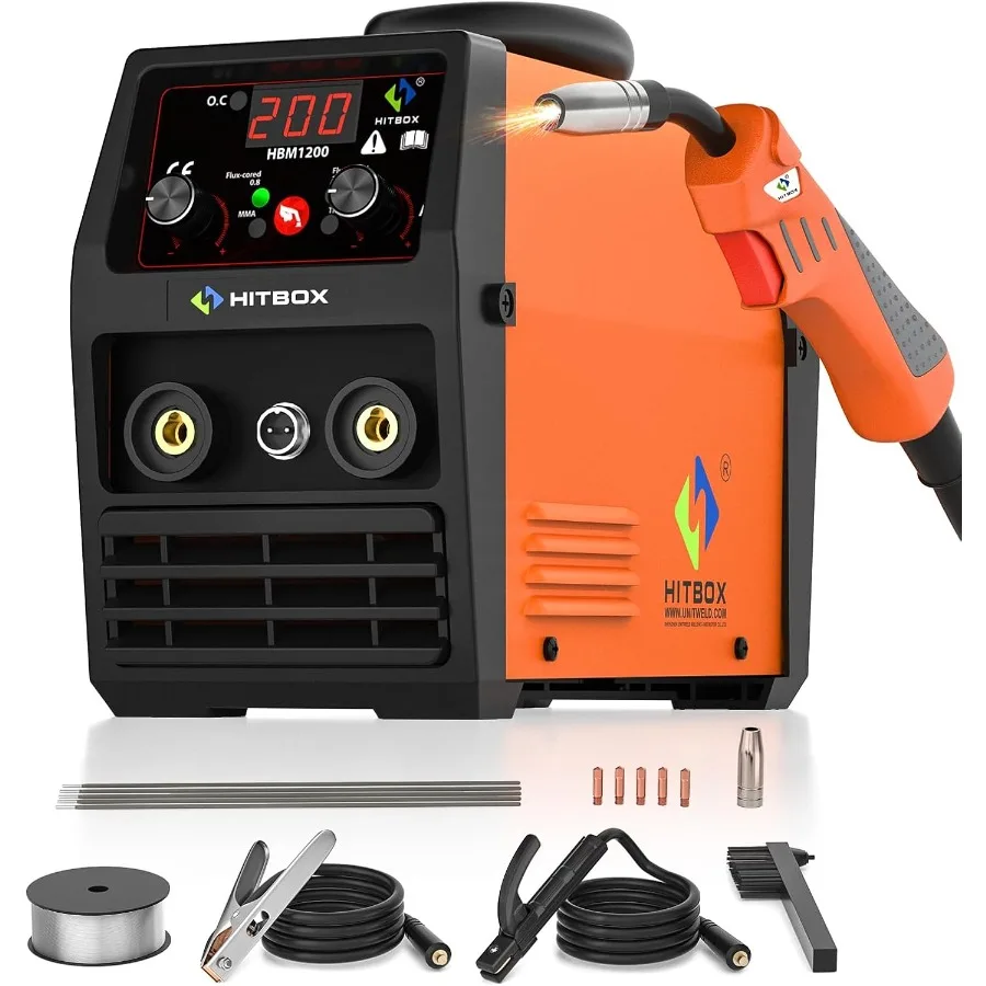 HITBOX 140A MIG Welder Gasless 110V 220V Dual Voltage Flux Core Welder Flux MIG Lift TIG Stick 3 In 1 Synergy MIG Welding Machi
