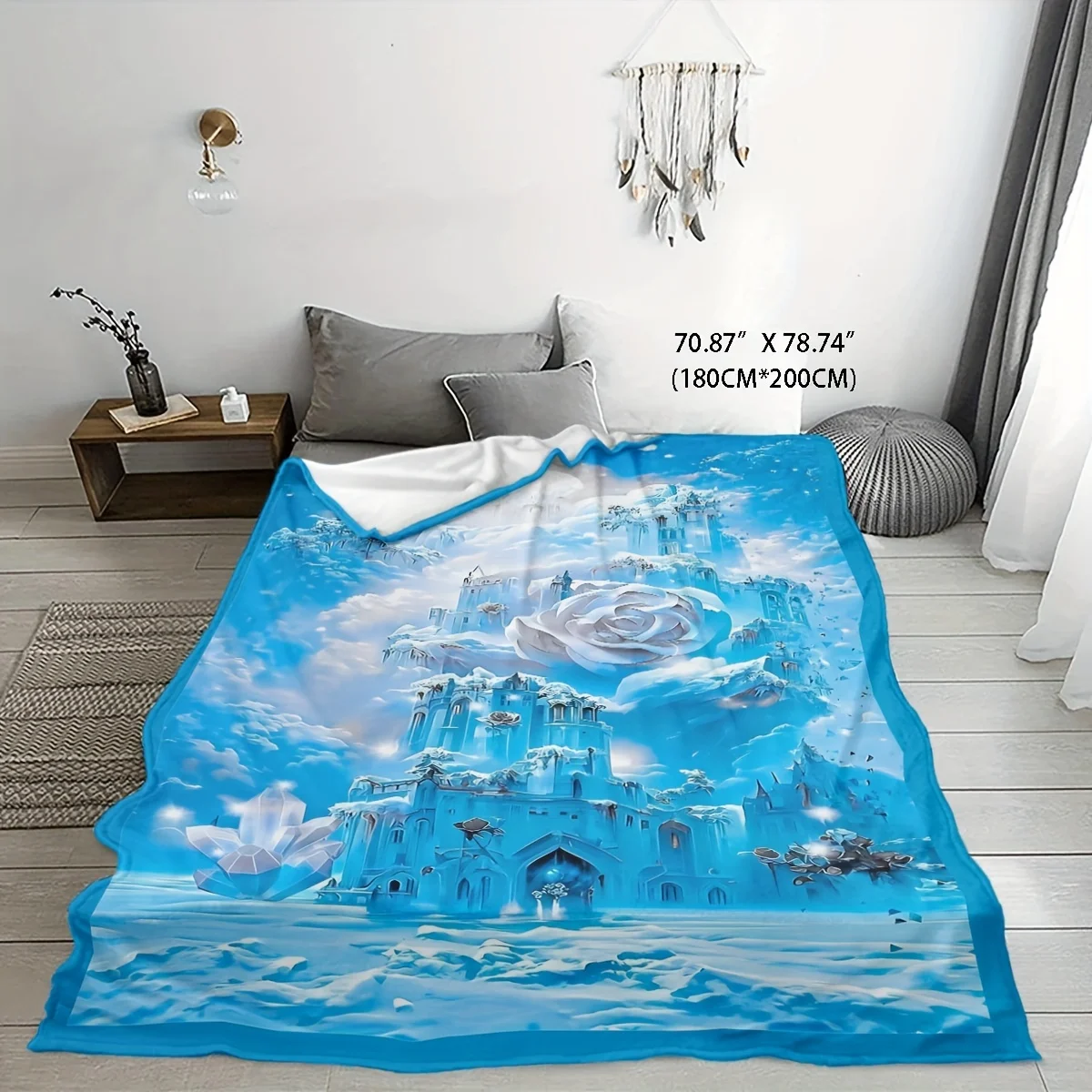 1pc Blue Fantasy Fairy Tale Castle Rose Flannel Blanket - 100% Polyester Lightweight 200-250gsm, Machine Washable All-Season Thr