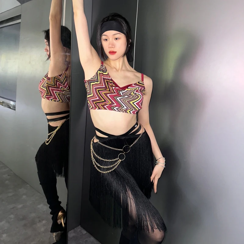 Vêtements de danse latine d'été pour femmes, hauts courts de Sport, jupe à franges, Rumba Samba, vêtements de Performance pour pratique de la danse, nouvelle collection DNV24463