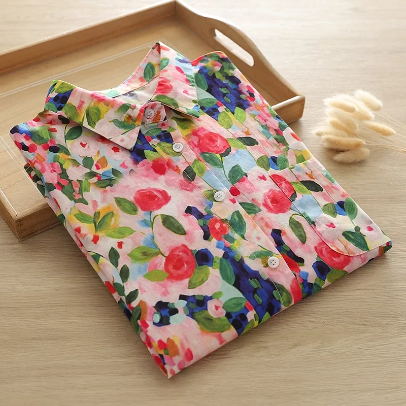2026 Women\'s summer blouse 100% cotton rose oil painting printed shirts short sleeve blouses for women tops ladies clothes