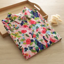 2026 Women's summer blouse 100% cotton rose oil painting printed shirts short sleeve blouses for women tops ladies clothes
